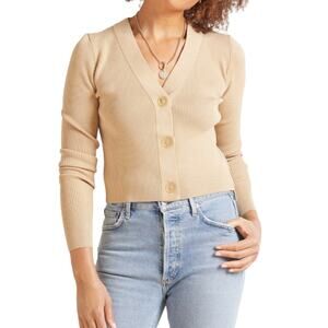 525 Camel Rib Cropped V Neck Cardigan Sweater